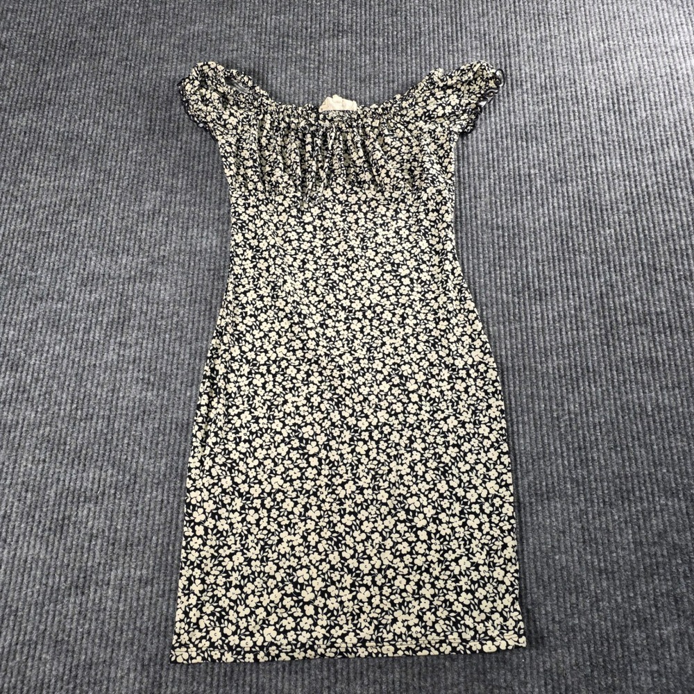 No Comment NY LA Black Cream Floral Off Shoulder Bodycon Mini Dress Small
